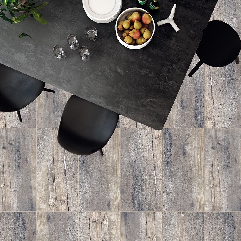 Wood looking tile floors under a table